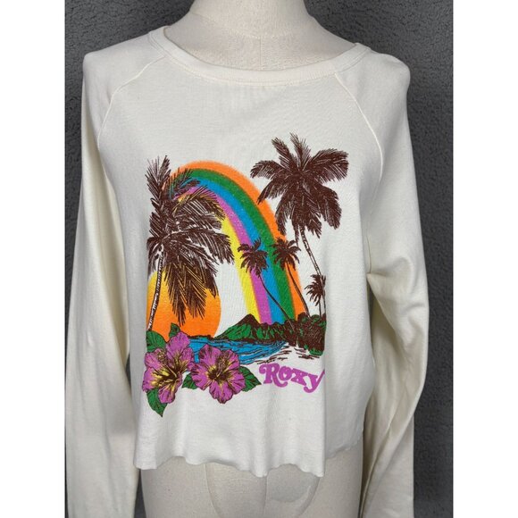 Roxy Women's Rainbow Palm Tree Long Sleeve Crop Top Shirt Medium Multicolor NWTs - Picture 2 of 8